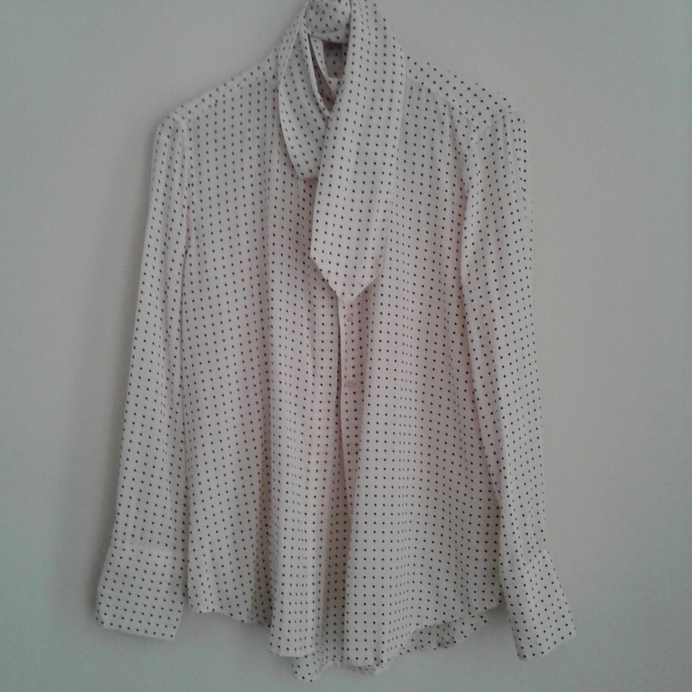 Equipment Femme 100% Silk Light Blush Pink and Black Polka Dot Blouse